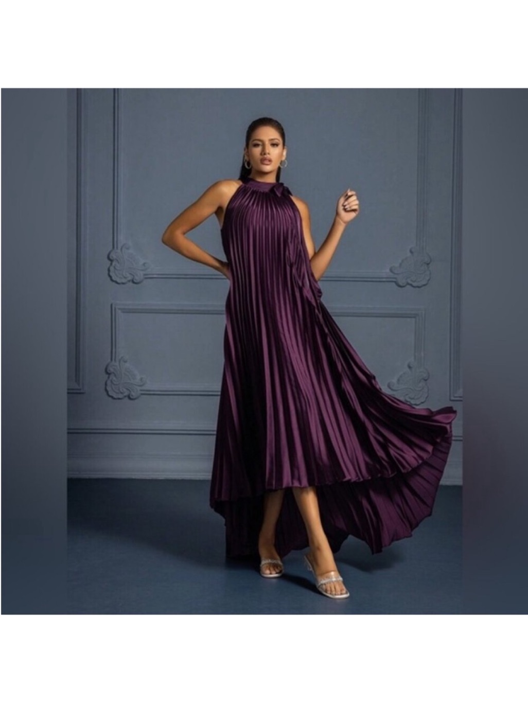 Mac Duggal 11639 Pleated Halter Neck High Low Gown Plum Purple 6